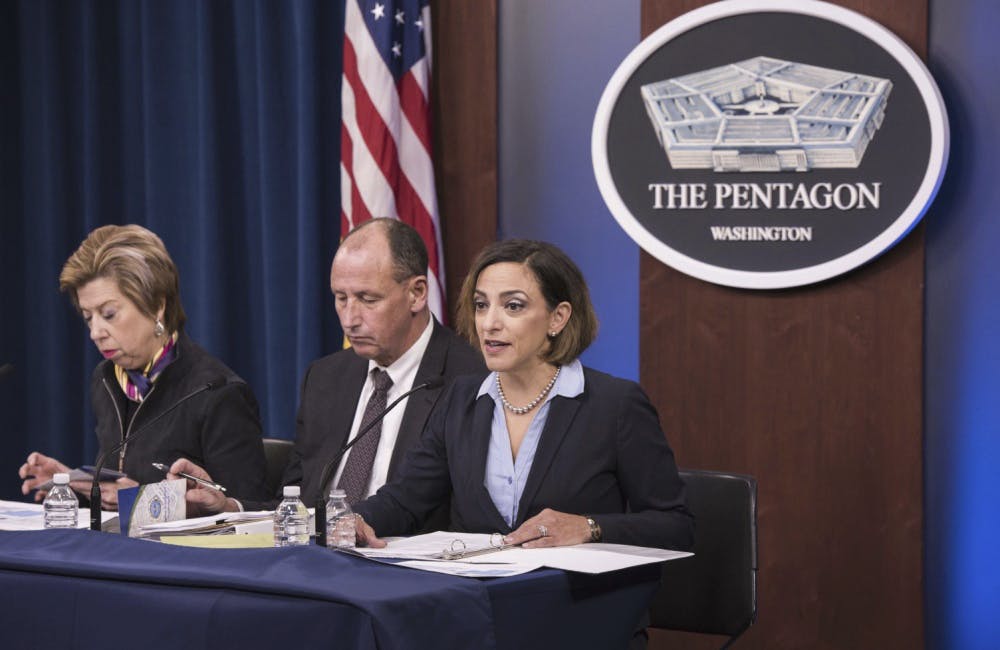 Under Secretary of Defense for Acquisition and Sustainment Ellen M. Lord, Kevin Faheny and Katie Arrington speak at a press briefing at the Pentagon in January.