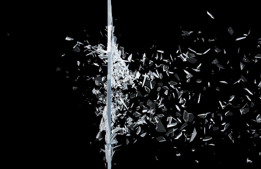 Abstract broken glass into pieces. Wall of glass shatters into small pieces. Place for your banner, advertisement. Explosion caused the destruction of glass, 3d illustration