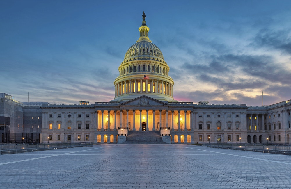 The United States Capitol building at sunset, Washington DC, USA.