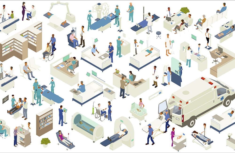 Isometric medical icons include scanning equipment (MRI, X-Ray, CT scan, CAT scan, etc), robot-assisted surgery, hospital beds, hospital pharmacy shelves, examination tables, hyperbaric chamber, ambulance with gurney, NICU, ultrasound procedure, nurse's station and other desks, reception, kiosk screens, mammogram equipment, medical lab, and other furniture and equipment. People include chiropractor/massage therapist, surgeons, technicians, pharmacist, optometrist, pediatrician, paramedics, a nurse checking blood pressure, and a variety of other patients, doctors, and healthcare professionals.