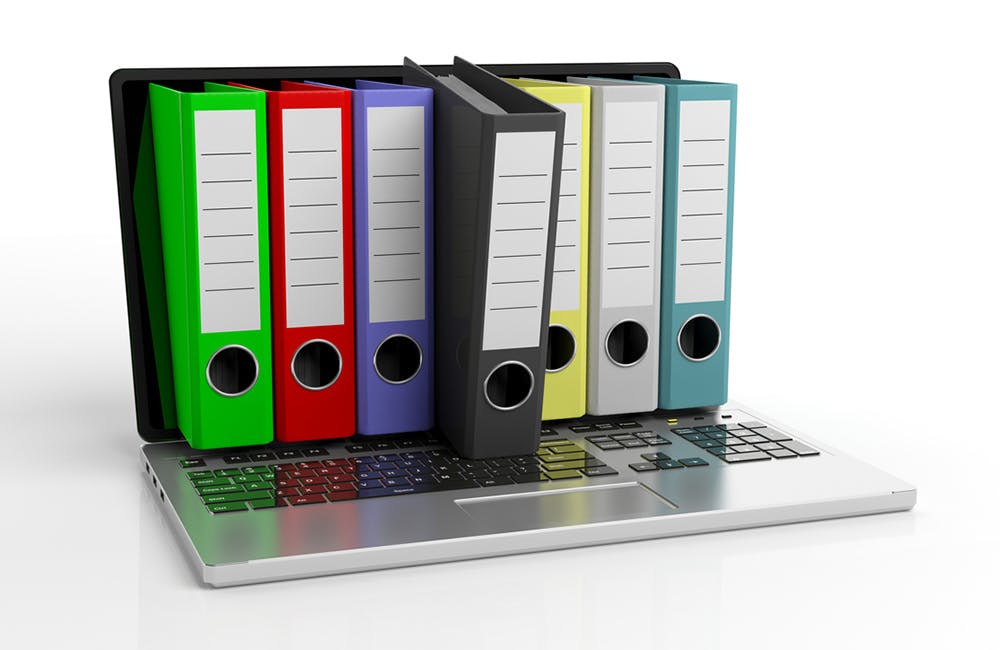 Colorful ring binders out of a laptop screen on white background. 3d illustration