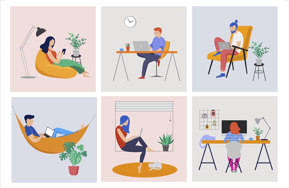 Working at home, coworking space, concept illustration. Young people, man and woman freelancers working on laptops and computers at home. Vector flat style illustration