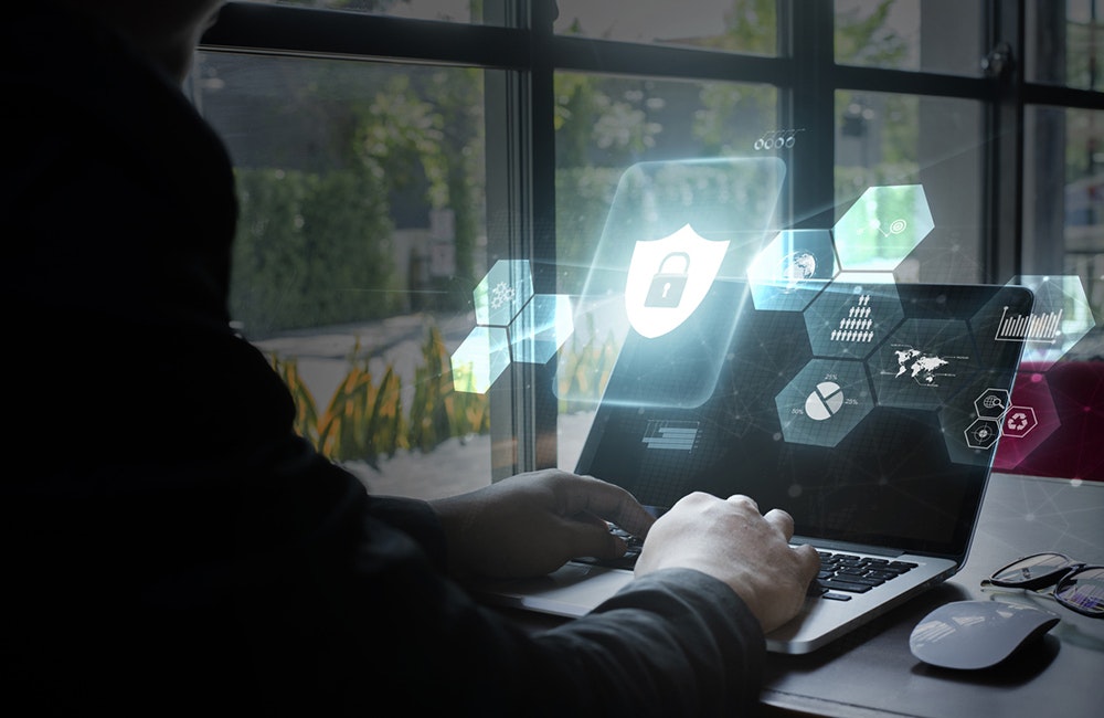 Young women using computer, Cyber security concept.