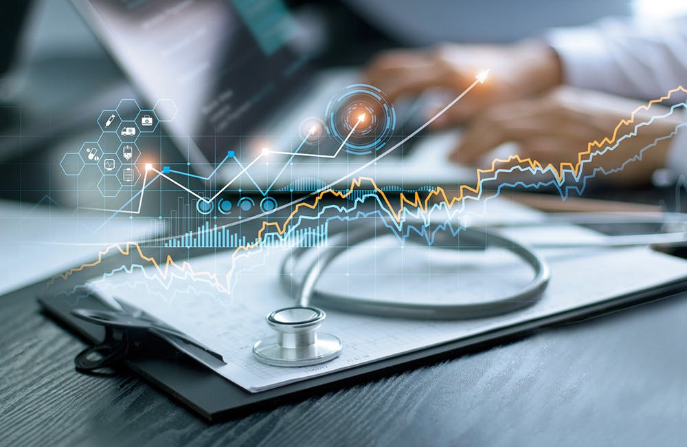 Healthcare business graph data and growth, Stethoscope with doctor's health report clipboard on table, Medical examination and doctor analyzing medical report on laptop screen.