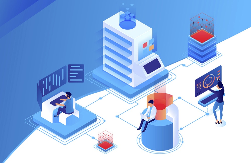 3d isometric nodal data center with workspace, diagram and laptop.