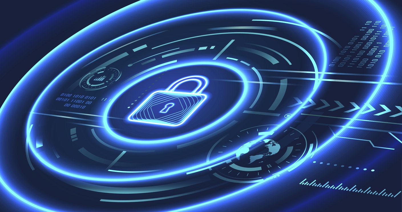 Data security concept design for personal privacy, data protection, and cyber security. Padlock with Keyhole icon on blue background.