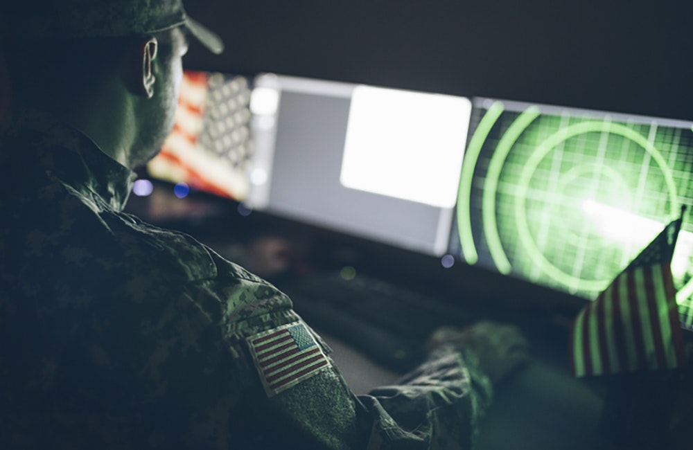 American soldier in headquarter control center