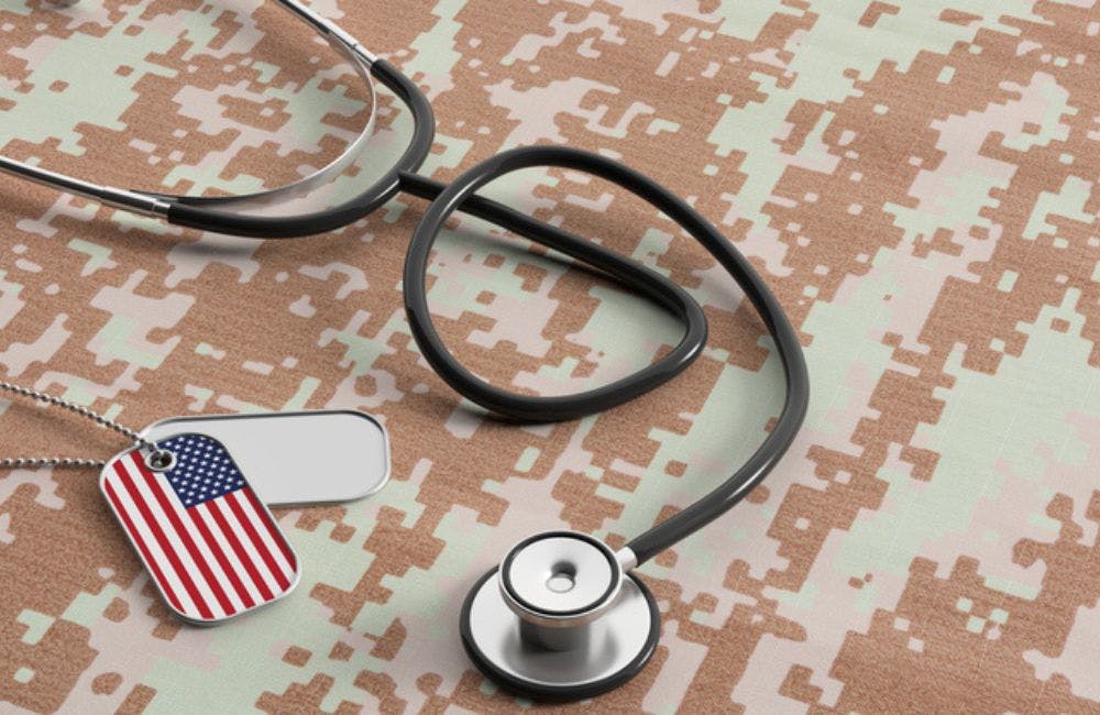 USA army concept. American flag identification dog tags and stethoscope on digital camouflage fabric. 3d illustration