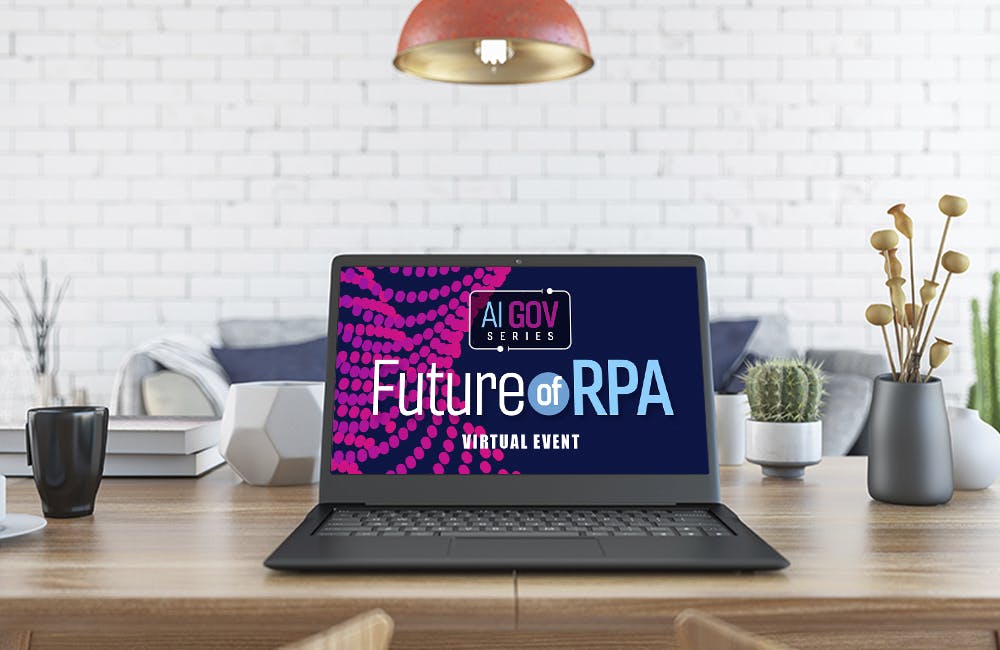 The AI Gov Series, Future of RPA, virtual event screen is displayed on a laptop in a home office