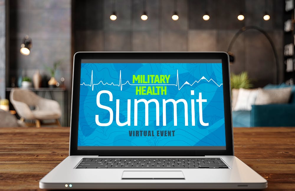 Military Health Summit event page graphic showing full screen on a laptop in a home office