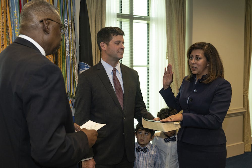 Secretary of Defense Lloyd Austin swears in Chief Digital and Artificial Intelligence Officer Radha Plumb at the Pentagon on April 9.