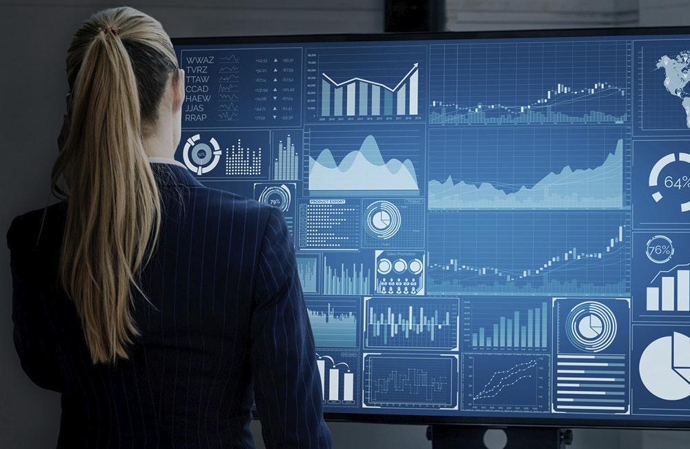 Data Analysis for Business and Finance Concept. Graphic interface showing future computer technology of profit analytic, online marketing research and information report for digital business strategy.