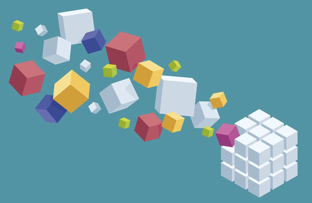 Vector Illustration of a Beautiful Composition of a Chaotic and Organized Coloured Design Cubes