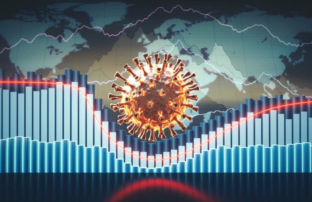 Abstract coronavirus economic infographics 3D concept with charts, graphs and world map in the background and a virus cell in the center