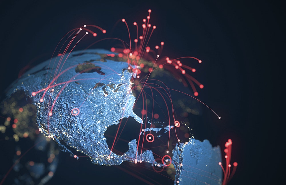 High quality 3D rendered image, perfectly usable for topics related to big data, global networks, international flight routes or the spread of a pandemic / computer virus. Textures courtesy of NASA: https://visibleearth.nasa.gov/images/55167/earths-city-lights, https://visibleearth.nasa.gov/images/73934/topography