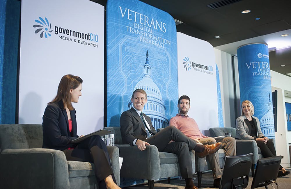 Amy Kluber (left) is joined by Charles Worthington, Acting CTO, Dept. Veterans Affairs (second from left) Andrew Fichter, Product Owner, Lighthouse API Platform, Dept. of Veterans Affairs (second from right) and Lauren Alexanderson, VA.gov Health Product & Design Lead, Dept. of Veterans Affairs (right) and during GovernmentCIO Media & Research's Veterans Digital Transformation Breakfast panel discussions at the Newseum in Washington, DC., Thursday, November 7, 2019. (Photo by Rod Lamkey Jr.)