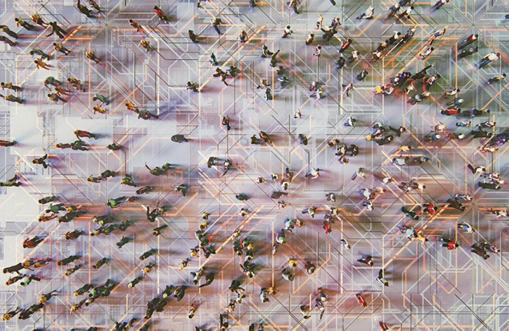 Abstract crowds of people with virtual reality street display. This is entirely 3D generated image.