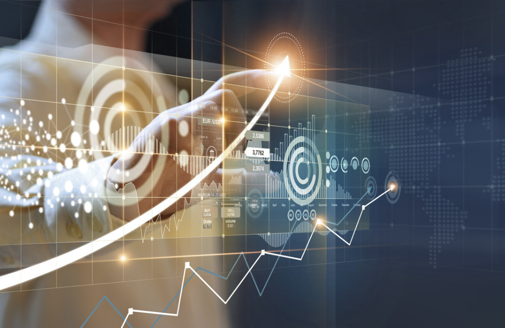 Businessmen pointing to arrows and business growth graphs on a modern virtual interface on global network, Banking, Stock market and currency exchange.