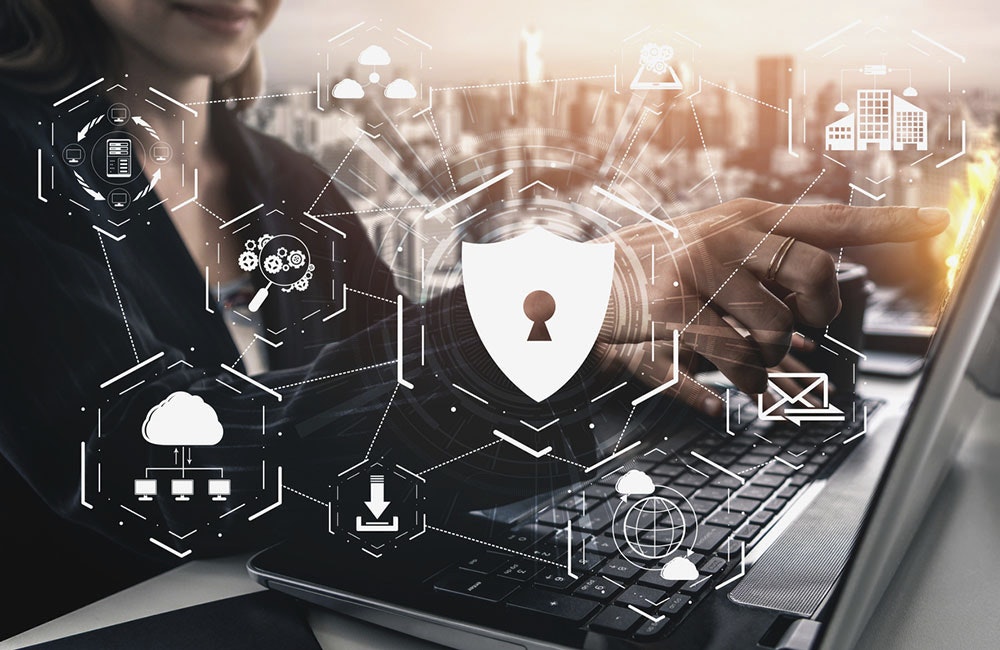 Cyber Security and Digital Data Protection Concept. Icon graphic interface showing secure firewall technology for online data access defense against hacker, virus and insecure information for privacy.