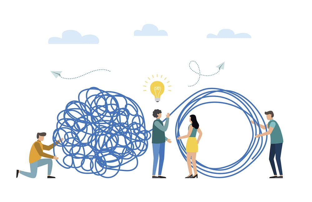 Business problem solving concept. Tangle tangled and unraveled. abstract metaphor. Teamwork, coworking, partnership. Vector illustration