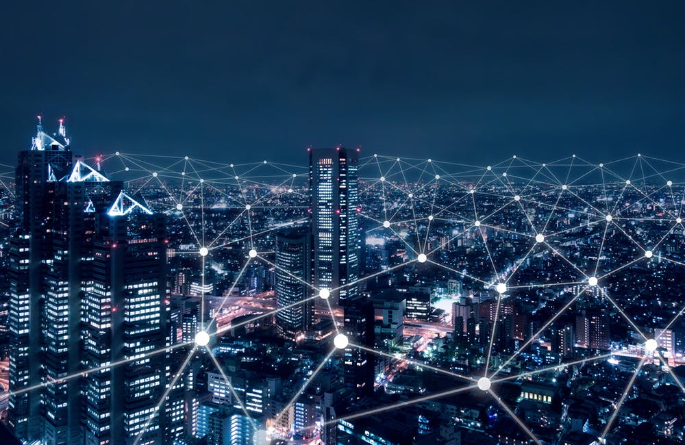 Telecommunication network above city, wireless mobile internet technology for smart grid or 5G LTE data connection, concept about IoT, global business, fintech, blockchain