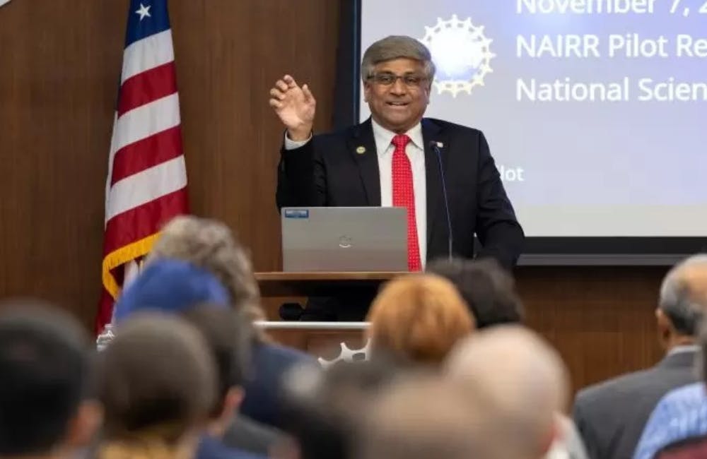 National Science Foundation Director Sethuraman Panchanathan announcing the National Artificial Intelligence Research Resource (NAIRR) Pilot on Nov. 7, 2023.