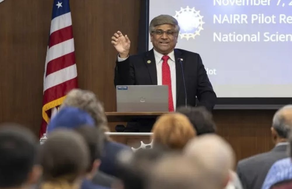National Science Foundation Director Sethuraman Panchanathan announcing the National Artificial Intelligence Research Resource (NAIRR) Pilot on Nov. 7, 2023.
