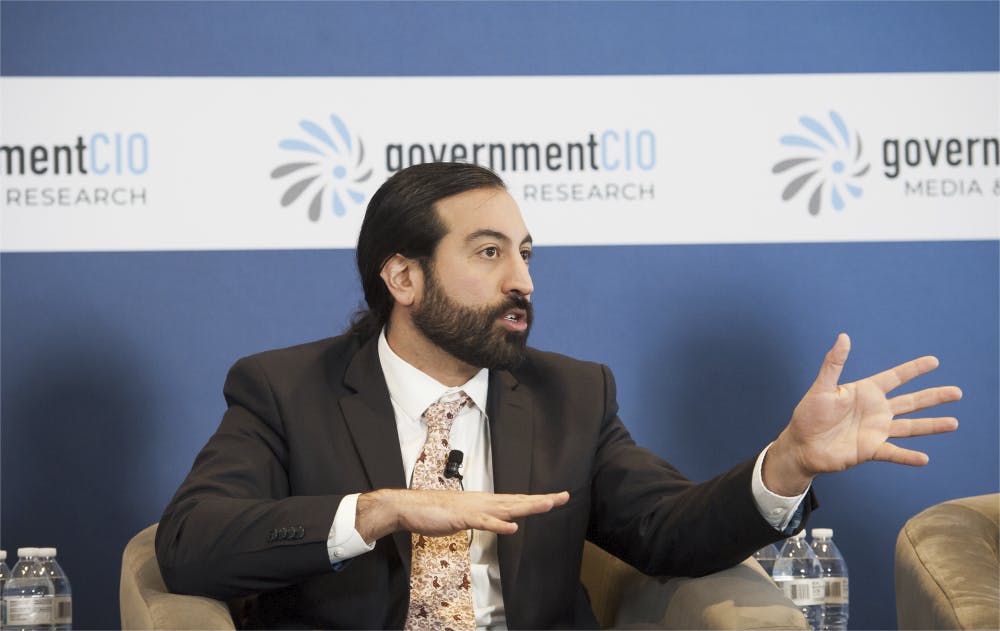 GSA Centers of Excellence Acquisition Lead Omid Ghaffari-Tabizi speaks during the How to Buy AI panel discussion about the partnership GSA has forged with the Joint AI Center. (Rod Lamkey Jr./GovernmentCIO Media & Research)