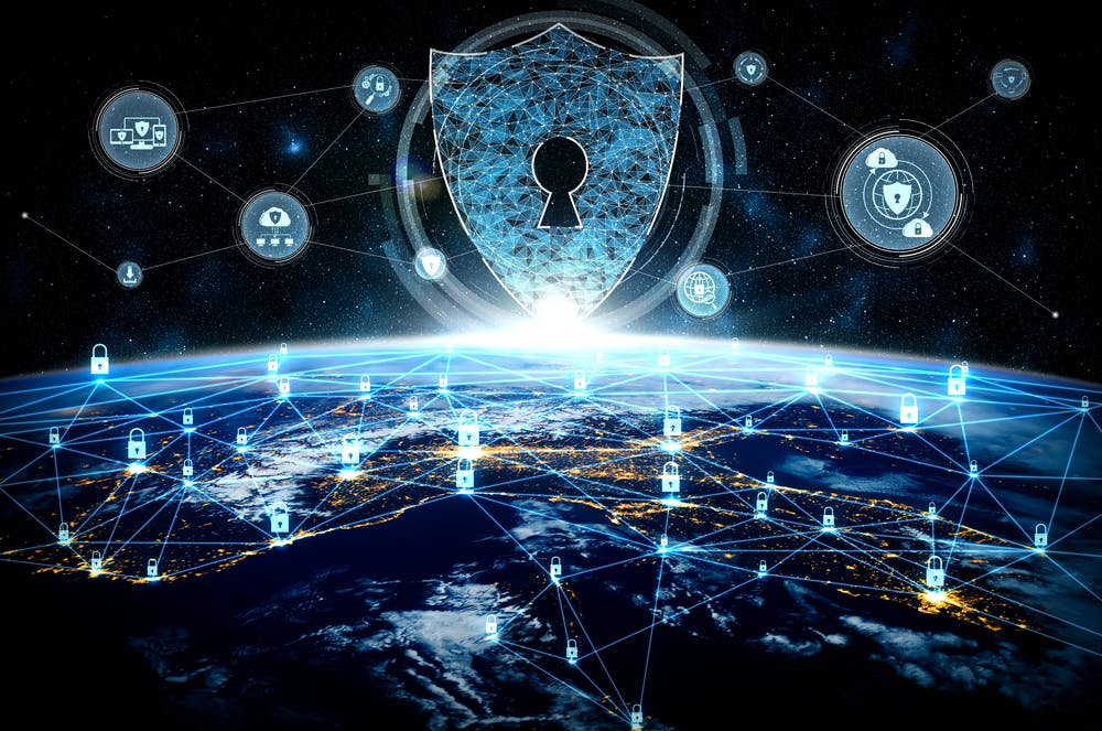 cybersecurity lock graphic over a connected world