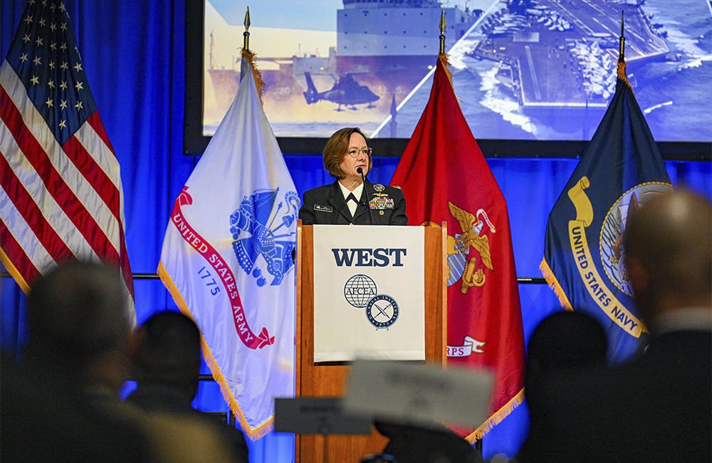 Chief of Naval Operations Adm. Lisa Franchetti speaks at the AFCEA International and U.S. Naval Institute West 2024 conference in San Diego, Feb. 13, 2024.