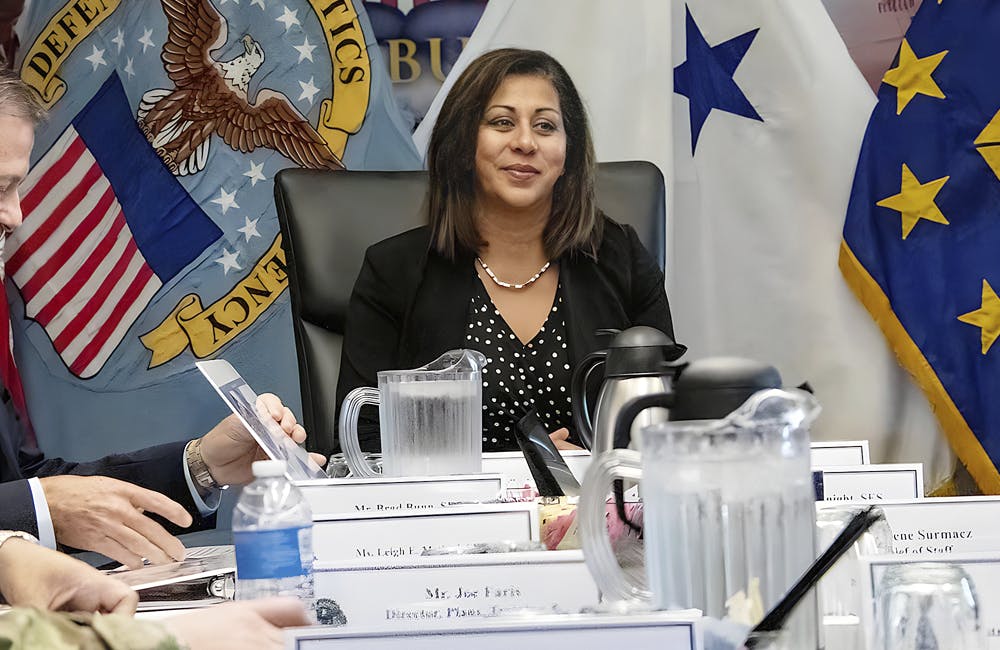 Radha Plumb attends briefing by leaders from the Defense Logistics Agency Distribution Headquarters in Virginia in 2023.