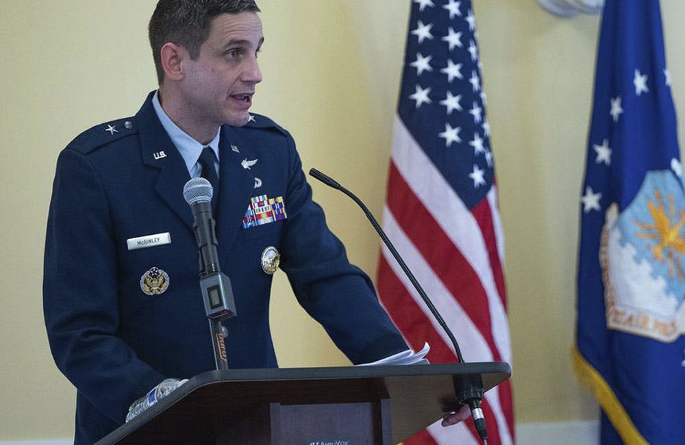 Brig. Gen. Michael McGinley speaks at an Air Force Research Laboratory event in February.