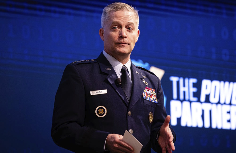 Gen. Timothy Haugh speaks at the Cyber Command Legal Conference at Joint Base Andrews on April 9, 2024