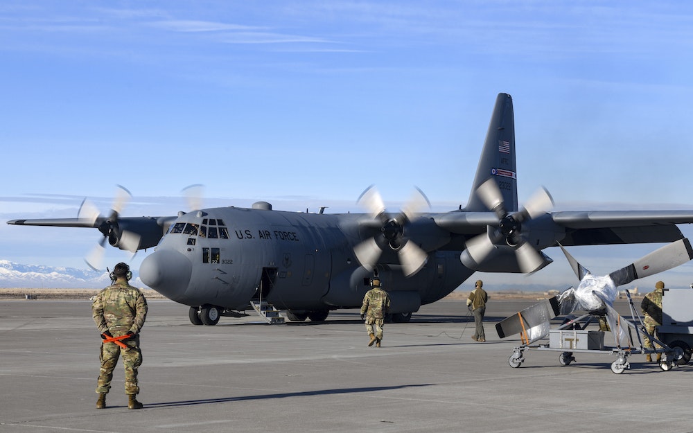 A 910th Airlift Wing C-130H Hercules aircraft prepares for takeoff at Mountain Home Air Force Base, Idaho in 2023.