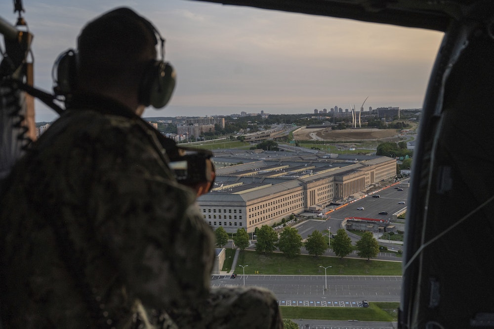 U.S. Navy Petty Officer 2nd Class Alexander Kubitza captures aerial footage of the Pentagon in 2023.