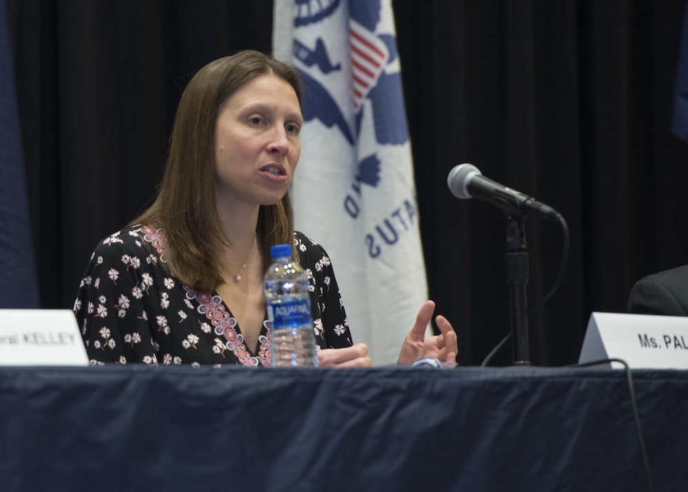 Margaret Palmieri, addresses attendees at the Artificial Intelligence panel during the 2018 Sea-Air-Space Exposition in Maryland.