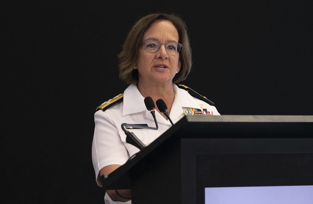 Chief of Naval Operations Adm. Lisa Franchetti delivers remarks during the Inter-American Naval Conference in Rio de Janeiro on Sept. 24, 2024.