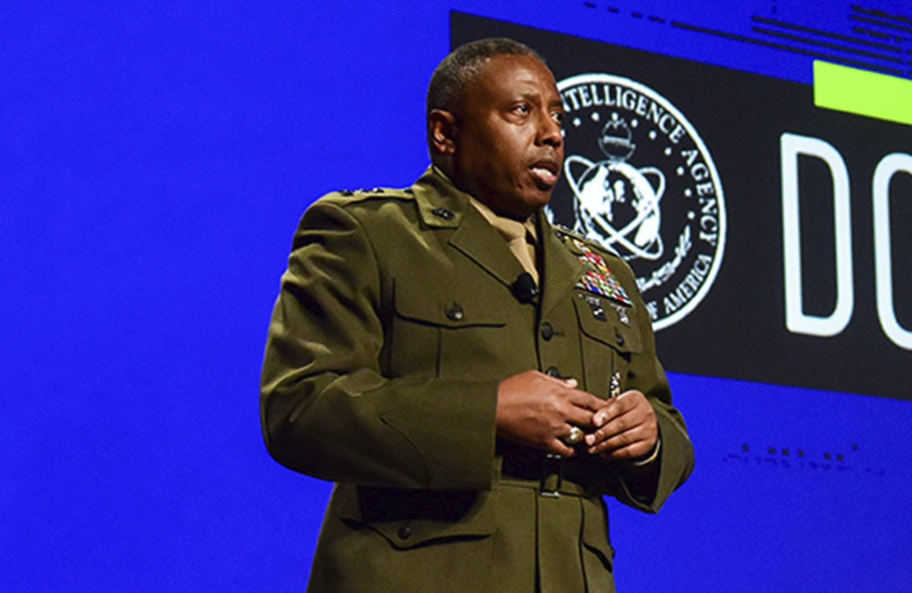 Lt. Gen. Dimitri Henry, director of intelligence at the Joint Chiefs of Staff, speaks at DoDIIS 2023 in Portland, Oregon.