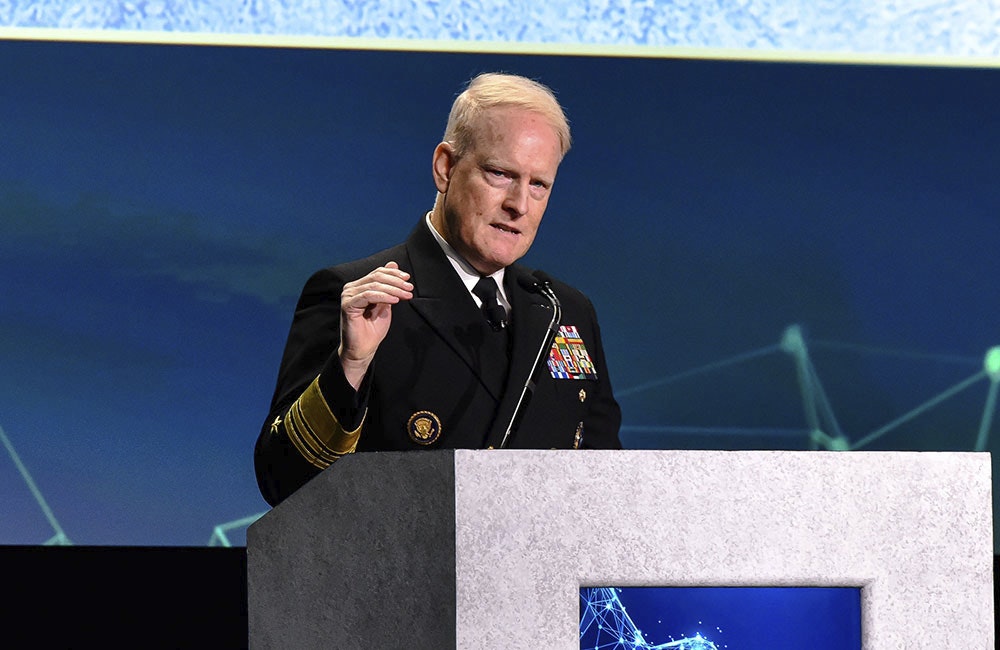 National Geospatial-Intelligence Agency Director Vice Adm. Frank Whitworth speaks in San Antonio in 2022.