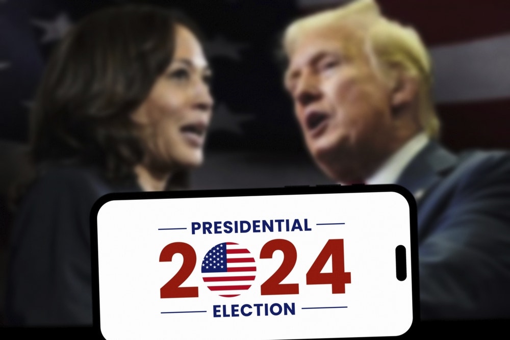 The 2024 American presidential election concept, with Donald Trump and Kamala Harris in the background. Donald Trump vs Kamala Harris for US President.