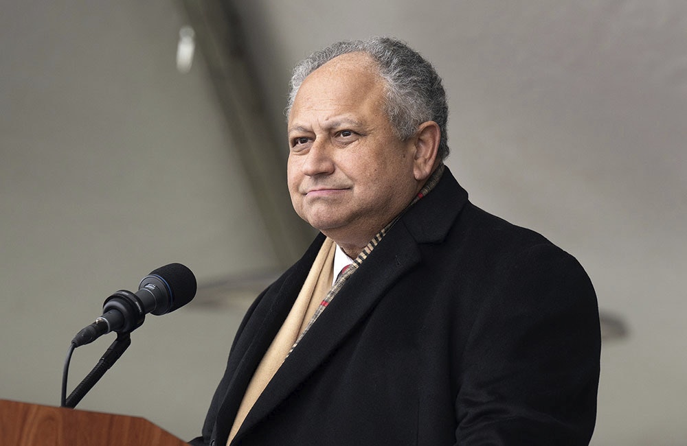 Carlos Del Toro speaks during the commissioning ceremony for the USS Beloit in Milwaukee on Nov. 23, 2024.