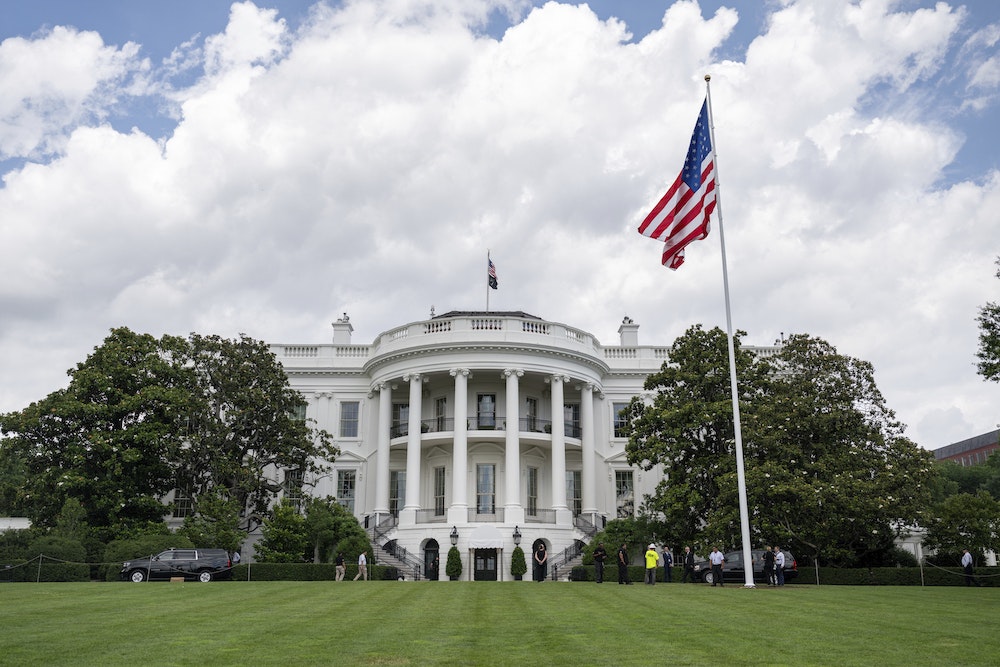 The American flag is raised on the newly-installed flagpole on the South Lawn of the White House on June 18, 2025.