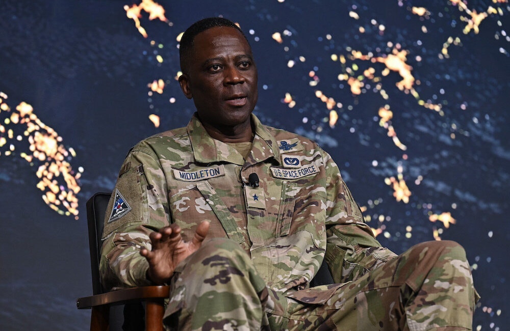 Brig. Gen. Jacob Middleton, commander of U.S. Space Forces Europe and Space Forces Africa, speaks during the Space Force Association’s 2024 Spacepower Conference in Orlando, Florida, Dec. 11, 2024.