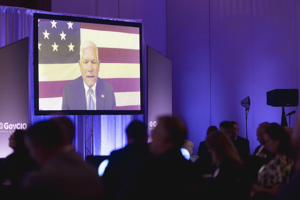 Rep. Pete Sessions, co-chair of the Congressional DOGE Caucus, addresses the crowd during a fireside chat at GovCIO Media & Research's 2025 Federal IT Efficiency Summit in Tysons Corner, Virginia, on July 10, 2025.