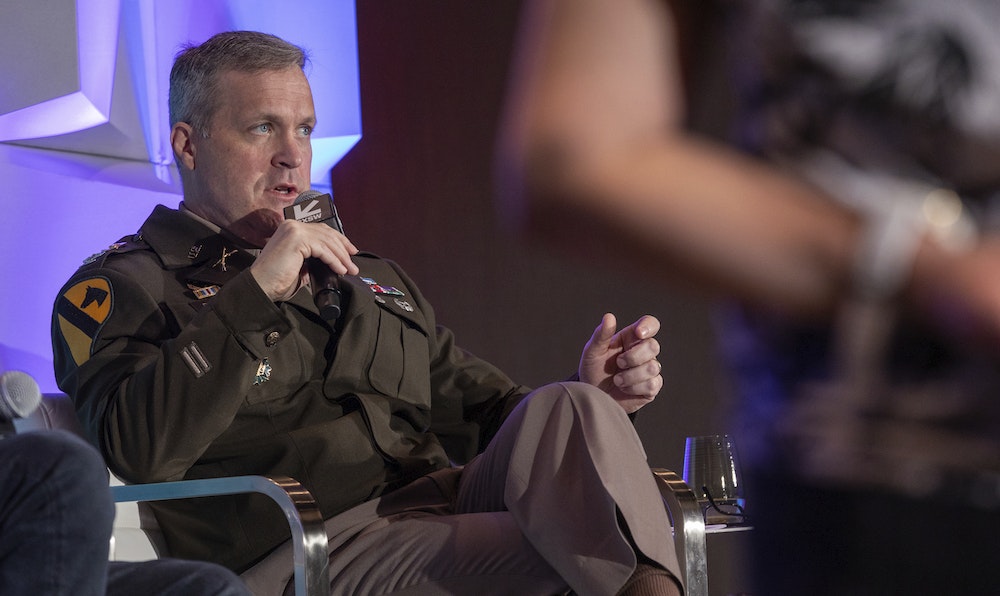 Then-Col. Troy Denomy, Directorate of Integration, Army Futures Command, discusses the roles and risks of AI in national security at the Humanoids or Augmented Humans: Accelerating Autonomy with AI panel during SXSW 2024. March 12, 2024, Austin, Texas.