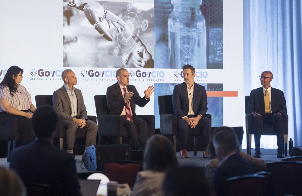 ServiceNow Federal CTO Jonathan Alboum, DHA CDAO Jesus Caban, CDC Acting CAIO Travis Hoppe and HHS OIG CAIO Arjuna Swaminathan speak at GovCIO Media & Research's 2025 Health IT Summit in Rockville, Maryland, on Sept. 23, 2025.