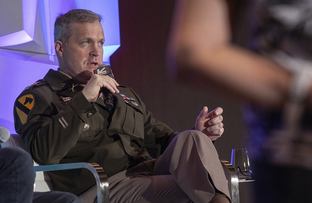 Then-Col. Troy Denomy, Directorate of Integration, Army Futures Command, discusses the roles and risks of AI in national security at the Humanoids or Augmented Humans: Accelerating Autonomy with AI panel during SXSW 2024. March 12, 2024, Austin, Texas.