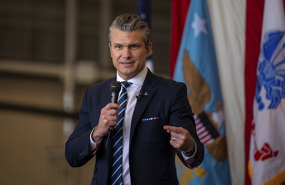 Pete Hegseth speaks to U.S. service members stationed in the region during a troop engagement at Yokota Air Base, Japan, Oct. 29, 2025