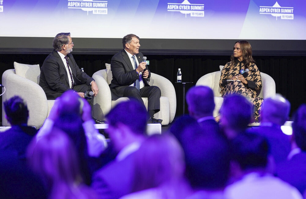 Sen. Gary Peters and Sen. Mike Rounds speak during the Aspen Cyber Summit on Nov. 18, 2025, in Washington, D.C.
