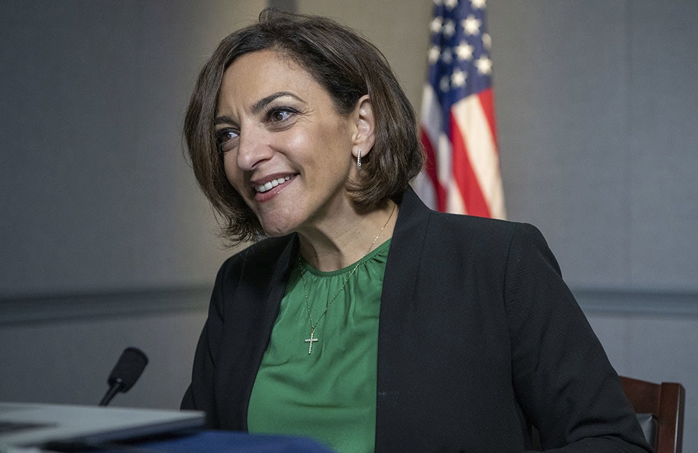DOW CISO Katie Arrington speaks at the Pentagon in 2021.